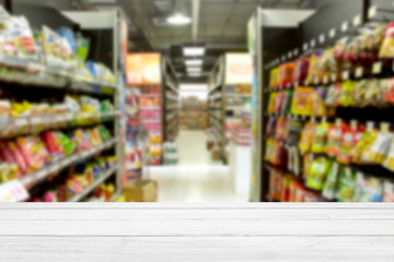 Empty white wood table supermarket blurry for background