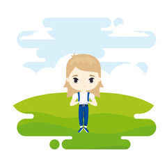 cute little student girl in landscape scene