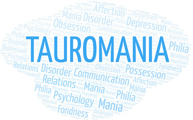 Tauromania word cloud. Type of mania, made with text only.