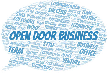 Open Door Business word cloud. Collage made with text only.