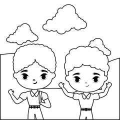 cute little student kids in landscape scene