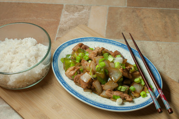 Oriental chicken with vegetables, onion, green pepers, and chopped chives on top, with a touch of soy sauce and ginger, and steam rice.