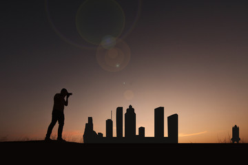 Traveler in front of Houston city skyline