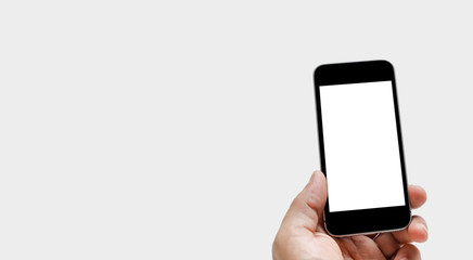 hand holding smart phone isolated on white background