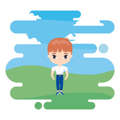 cute little student boy in landscape scene