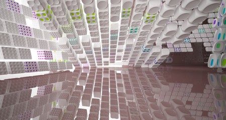 Abstract dynamic interior with brown and colored smooth objects. 3D illustration and rendering