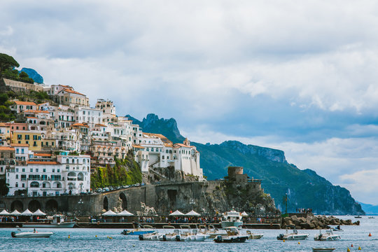 Beautiful view of seaside city Amalfi in the province of Salerno, the region of Campania, Amalfi Coast, Costiera Amalfitana, Italy