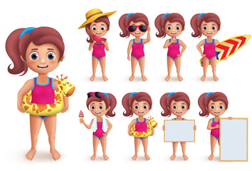 Beach girl vector character set. Summer girl doing outdoor beach activities like swimming, playing, surfing and eating watermelon isolated in white. Vector illustration.