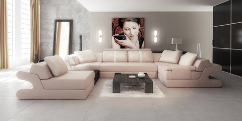 Luxury Loft with a Leather Sofa and a mock up frame (desaturated) - 3d visualization