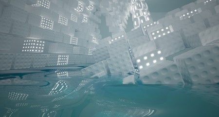 White smooth abstract architectural background with water. Night view with illumination. 3D illustration and rendering