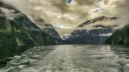 Dramatic moody weather in Fiordland Milford Sound