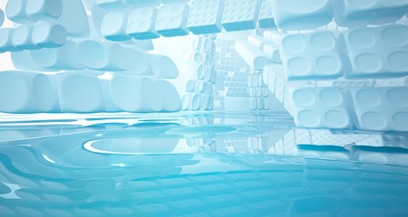 White smooth abstract architectural background with water. 3D illustration and rendering