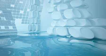 White smooth abstract architectural background with water. 3D illustration and rendering