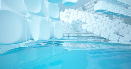 White smooth abstract architectural background with water. 3D illustration and rendering