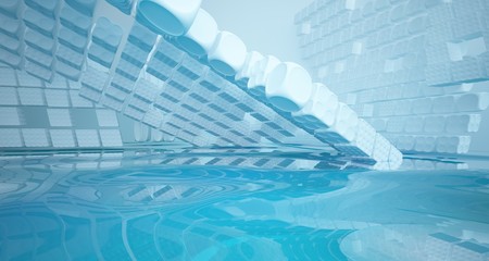 White smooth abstract architectural background with water. 3D illustration and rendering