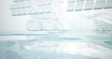 White smooth abstract architectural background with water. 3D illustration and rendering