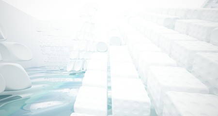 White smooth abstract architectural background with water. 3D illustration and rendering