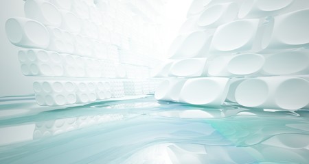 White smooth abstract architectural background with water. 3D illustration and rendering