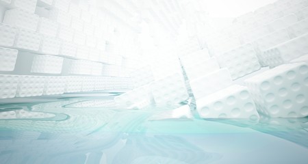 White smooth abstract architectural background with water. 3D illustration and rendering