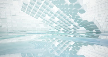 White smooth abstract architectural background with water. 3D illustration and rendering