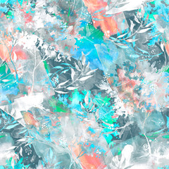 Watercolor seamless pattern, background with vintage pattern. Abstract watercolor seamless pattern. bush, tree, beautiful landscape, colorful background. Stylish fashion illustration. Paint splash