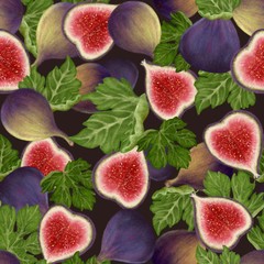 Seamless pattern with tropical fruit figs and leaves. Realistic hand drawn illustration 