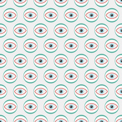 Abstract seamless pattern of eyes inside circles. Vector color psychedelic illustration.