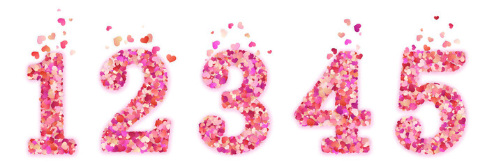 Set of Valentines Day colorful decorative hearts confetti numbers. Isolated on white background. EPS 10