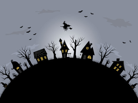 Halloween background. Spooky village. Black silhouettes of houses and trees on a gray background. There are also bats and a witch on a broomstick in the picture. There is a place for text. Vector