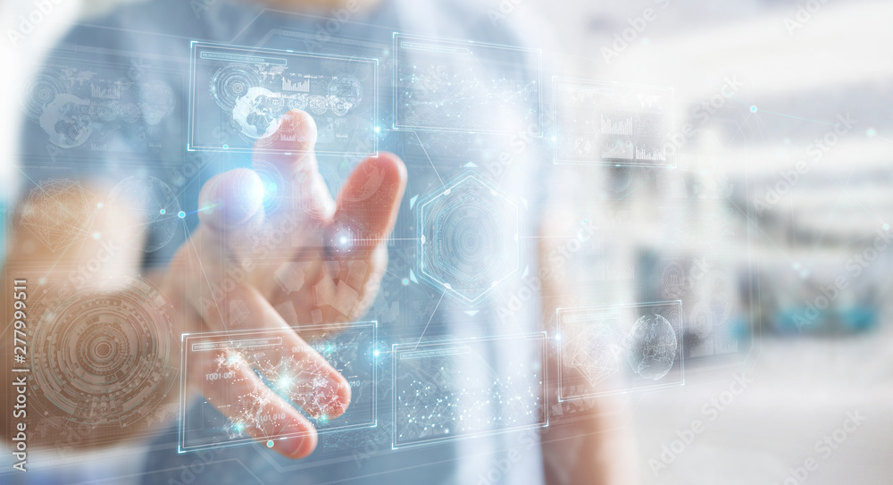 Poster businessman using digital technological interface with datas 3d rendering