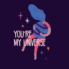 Cute design banner with pretty girl hugging the planet. You're my universe lettering. Cartoon Illustration with space, stars elements decoration and black woman in pajama. Vector