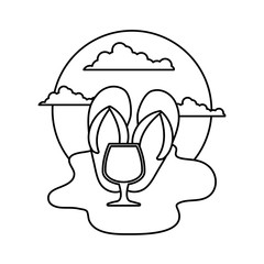 flip flops with cocktail in cup in beach