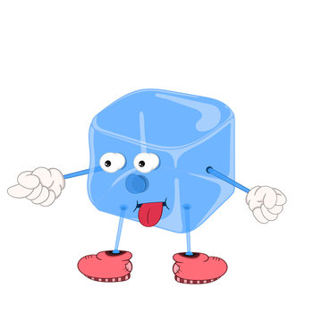 Funny cartoon blue ice cube with eyes, hands and feet in shoes, teasing showing tongue.