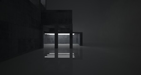 Abstract architectural concrete interior of a minimalist house with neon lighting. 3D illustration and rendering.