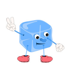 Funny cartoon blue ice cube with eyes, hands and feet in shoes, shows two fingers.
