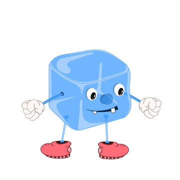 recommend clip art: Funny cartoon blue ice cube with eyes, arms and legs in shoes, smiles and clenches fists.