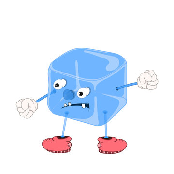 Funny cartoon blue ice cube with eyes, arms and legs in shoes, angry and threatens with a fist.