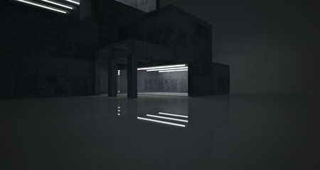Abstract architectural concrete interior of a minimalist house with neon lighting. 3D illustration and rendering.