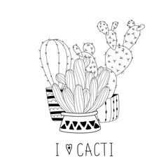 Set of cute hand drawn cacti on white background and hand lettering.