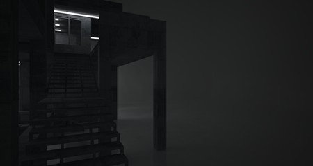 Abstract architectural concrete interior of a minimalist house with neon lighting. 3D illustration and rendering.