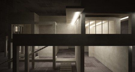 Abstract architectural brown and beige concrete interior of a minimalist house with neon lighting. 3D illustration and rendering.