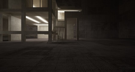 Abstract architectural brown and beige concrete interior of a minimalist house with neon lighting. 3D illustration and rendering.