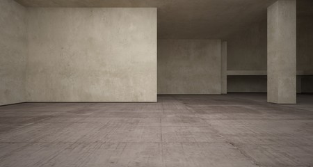 Abstract architectural brown and beige concrete interior of a minimalist house with neon lighting. 3D illustration and rendering.