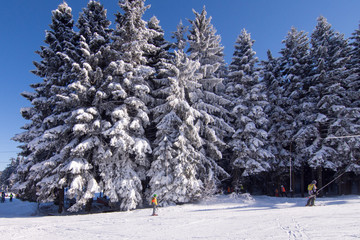 Skiers climbing up the ski stage