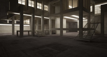 Abstract architectural brown and beige concrete interior of a minimalist house with neon lighting. 3D illustration and rendering.