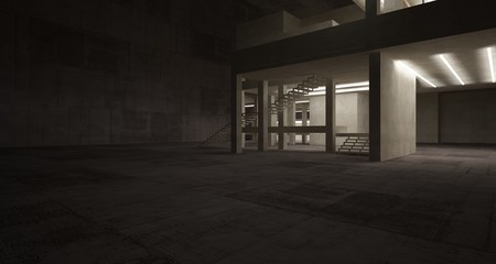 Abstract architectural brown and beige concrete interior of a minimalist house with neon lighting. 3D illustration and rendering.