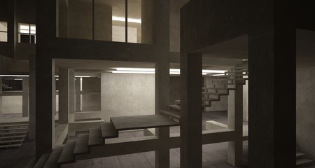 Abstract architectural brown and beige concrete interior of a minimalist house with neon lighting. 3D illustration and rendering.