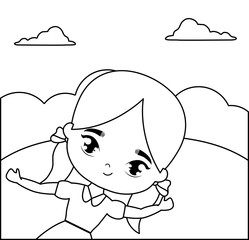 cute little student girl in landscape scene