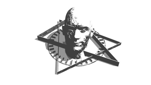 Animated mystery, witchcraft, occult and alchemy sign. Spin of the mystical vintage gothic geometry thin lines symbol around the human head. 3D rendering