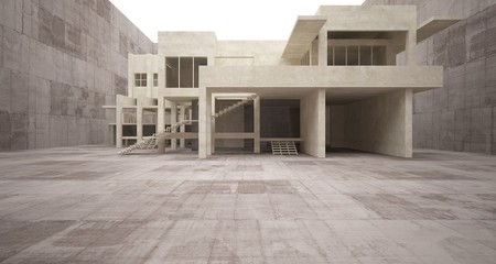 Abstract architectural brown and beige concrete interior of a minimalist house with white background . 3D illustration and rendering